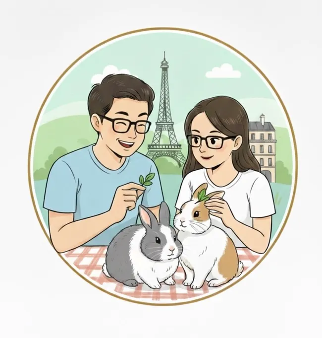 Le couple de fondateurs avec leurs deux lapins